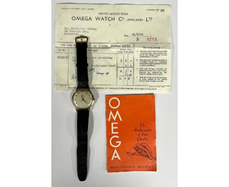 A 1950s 9ct gold Omega automatic wristwatch, silvered dial, block baton markers, inner minute track, center seconds, unsigned