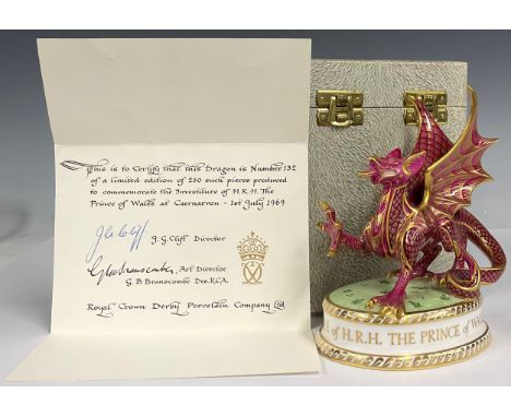 A Royal Crown Derby model of a Welsh dragon, to commemorate the Investiture of H.R.H. The Prince of Wales at Caernarvon, 1st 