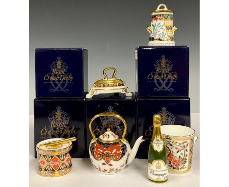 A Royal Crown Derby miniature model, Toy Drum, first quality, boxed; others, Champagne Bottle and Ice Bucket, boxed; Iron, Tr