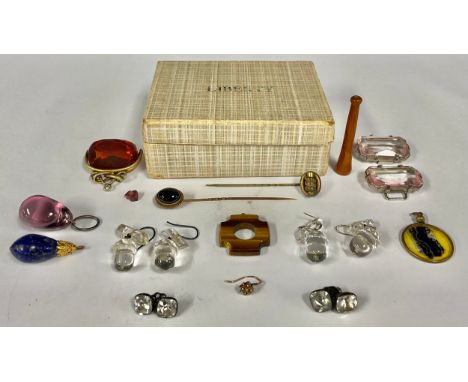 A pair of carved clear quartz droplet earrings, as acorns, 2.5cm; another pair similar; a 19th century stick pin, set with a 
