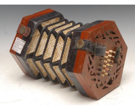 A 19th century mahogany concertina, by Lachenal &amp; Co, London, no.56135, forty-eight bone keys, 16cm diam