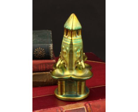 A Zsolney Pecs model of a fountain, glazed in vivid lustre green, 14cm, printed mark