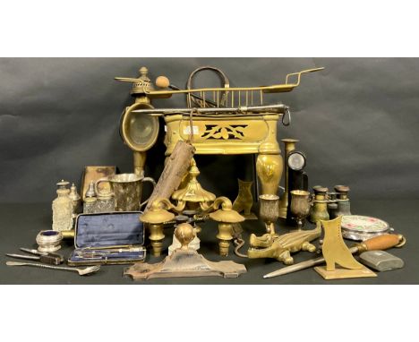 A brass bath rest soap tray,  carriage lantern, Alligator nut crackers, two branch wall light, etc
