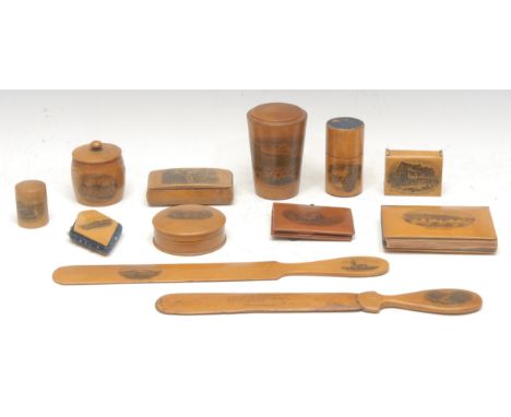 Mauchlineware - a page turner, transfer printed with a named view, Hastings from the sea, 25cm long; snuff box, vesta, needle