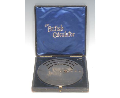 An early 20th century patent mechanical adding machine, The British Calculator, Model B, for compound addition, 13.5cm diam, 