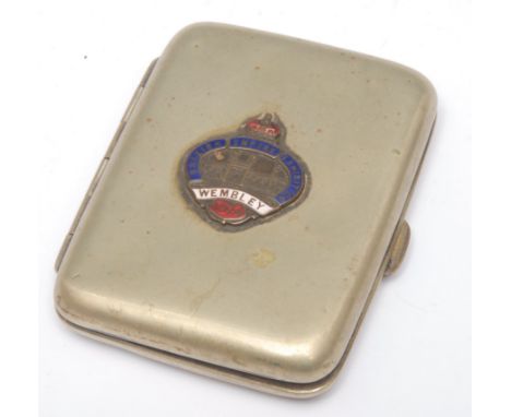 A George V silver plated E.P.N.S. rectangular cigarette case, enamel mount to cover, British Empire Exhibition Wembley 1924, 