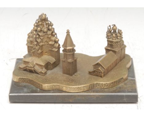 A Russian architectural desk model, of Kizhi Pogost, Lake Onega, Karelia, rectangular marble base, 13cm wide