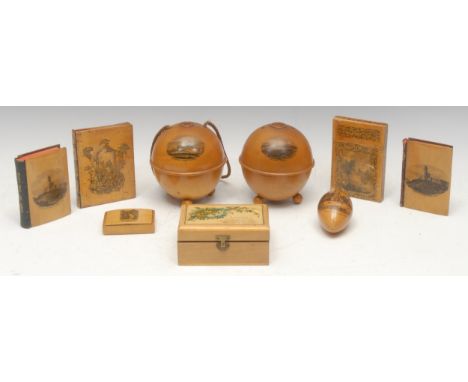 Mauchlineware - a globular string box, transfer printed with a named view of Bridlington Harbour, 10cm high; another, the bea