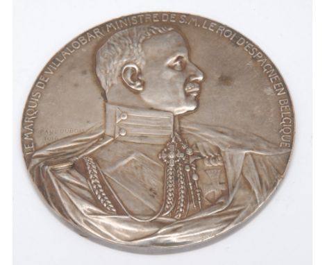 Numismatics -a white metal WW1 period medal, Obv. A L'ESPAGNE LA BELGIQUE RECONNAISANTE, angel flying above city carrying coa