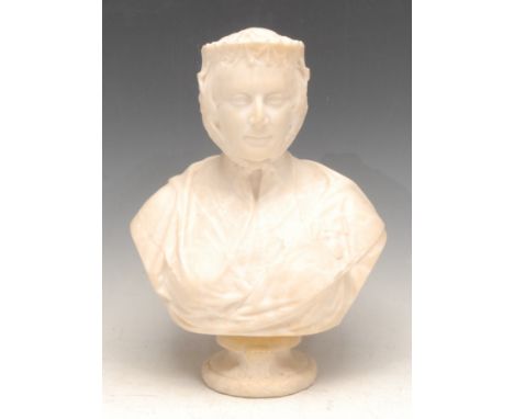 Matthew Noble (1817 - 1876), after, an alabaster portrait bust, Harriet, Duchess of Sutherland, socle base, inscribed to vers