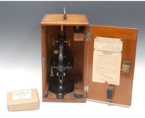 A black painted and lacquered brass monocular microscope, by Charles Perry, London, no.4882, rack and pinion focusing, provis