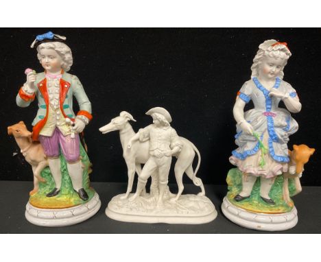 A pair of 19th century Continental porcelain figures, of a gallant and his companion, each with a lurcher at their feet, circ