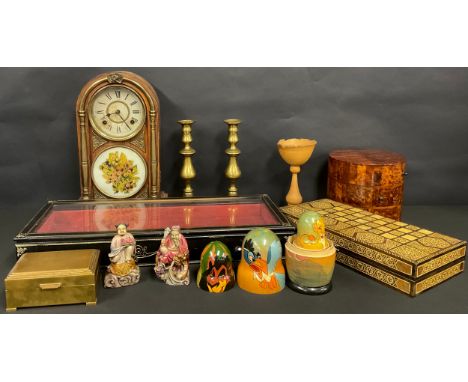 Boxes and Objects - an amboyna cylindrical table top chest, circular top over three drawers, 19.5cm high; a 19th century Amer