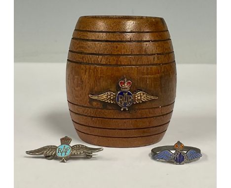 An RAF vesta barrel, 6cm; a WW2 silver and enamel RAF sweetheart ring; a RAF sweetheart brooch (3)