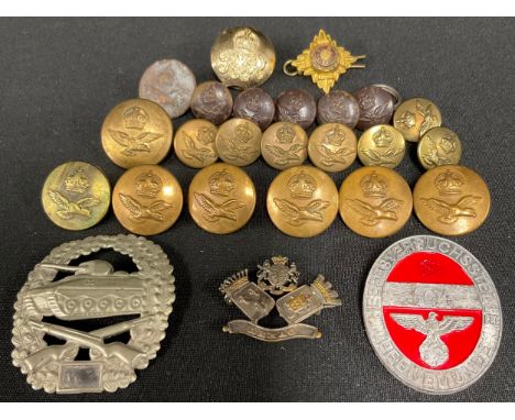 WW2 British RAF Buttons, single Army officers rank pip, WW1 lapel badge "Arras", West German Army Panzer marksmans badge, cop