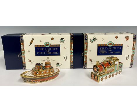 A Royal Crown Derby Treasures of Childhood model, Steam Train, signed in gold Jane James, first quality, boxed; another, Tugb