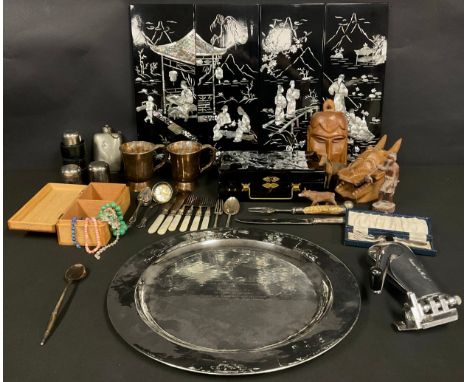 Boxes and Objects - a Victorian silver mounted antler hafted bread fork, Sheffield 1893; a pair of early Victorian plated hal