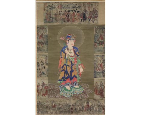 Chinese School (early 20th century), scroll wall hanging depicting Guanyin among Buddhist scenes, print on paper, 170cm x 63c