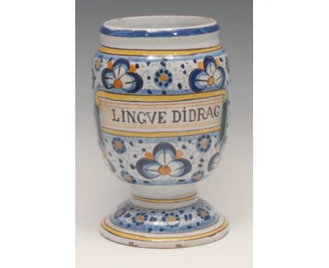 Medical and Pharmaceutical Interest - a  South European maiolica pedestal apothecary drug jar, Lingue Didrag, painted in tone