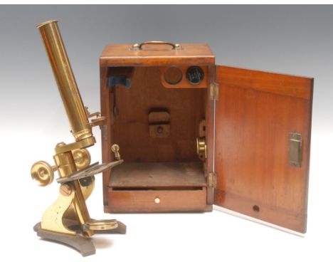 Scientific Interest - a late 19th century brass monocular microscope, mahogany case, long drawer enclosing glass slides, bras