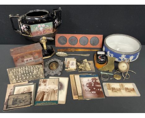 A novelty treen money box as a piano;  painted magic lanten slide, Birds, Desk Thermometer, Victorian photographs etc