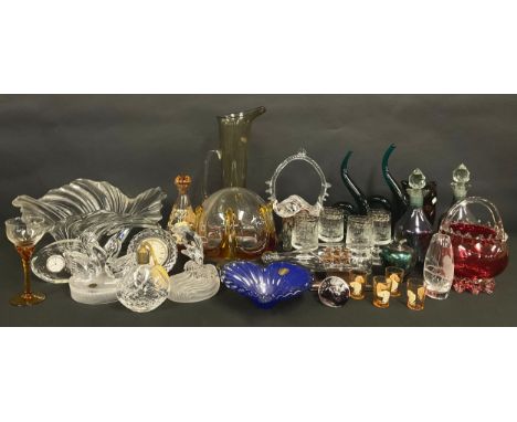 Glassware - a Murano type glass ovoid ceiling light shade, clear glass with amber swags, 18cm high; a cranberry glass basket;