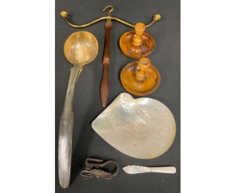 Boxes and Objects - an Edwardian barrister's wig hanger, 38cm high; an olive wood Brighton bun travelling candlestick; a larg