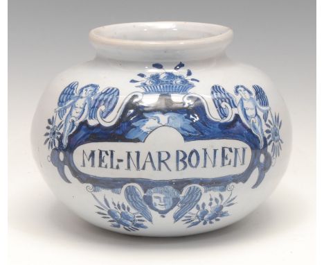 Medical and Pharmaceutical Interest - a  South European maiolica compressed globular apothecary drug jar, Mel-Narbonen, paint