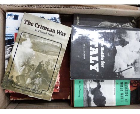 Box of mixed books to include Warships of WWI by H M Lee Fleming, The Battle for Italy by G F Jackson etc