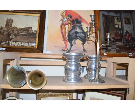 Small bugle with artillery crest together with one other plus further candlesticks and ceramic stands