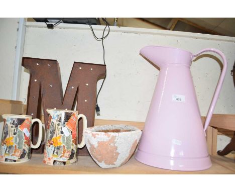 Mixed Lot: Large pink enamel jug, a large illuminated letter 'M', further Ringtons tea jugs and a pottery planter