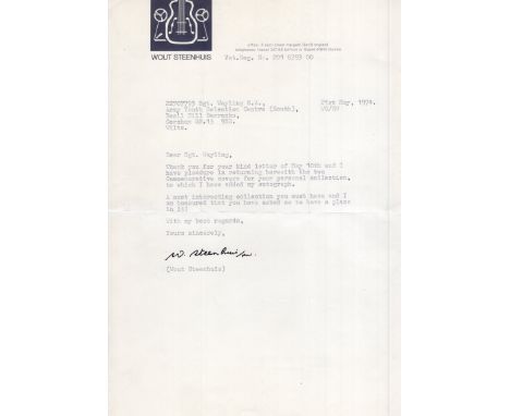 WW2 Dutch Resistance and legendary Jazz musician signed typed letter, 8x12 inches in size, Wout Steenhuis (23 February 1923 -