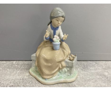 Nao by Lladro, girl sitting with planter and birds