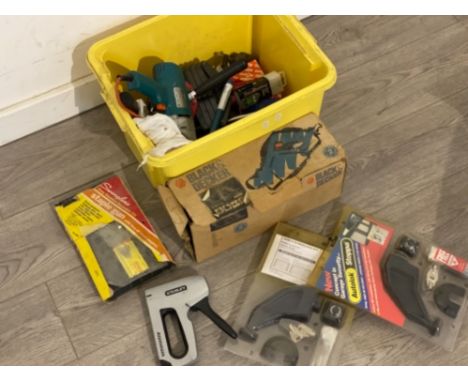 Box containing miscellaneous tools, including Pop rivet guns, electric drills, planer, hot air gun etc