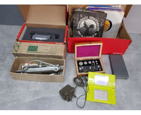 Honeywell security camera, band it tool, weights, Nintendo game, records etc.