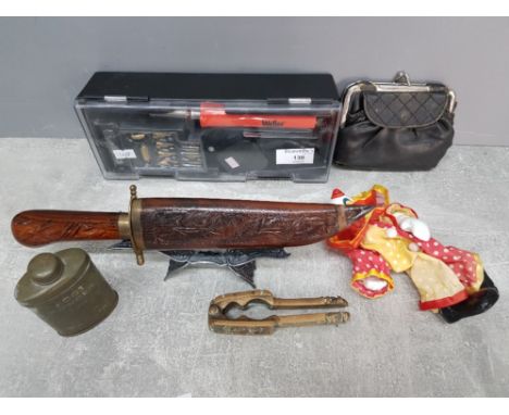 A Weller wood burning kit, ceramic  clown, foot powder tin, brass nutcracker, Indian knife on stand, and leather purse.