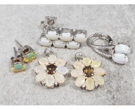 Sterling silver and opal earrings ×3 + two opal ane andalusite pendants, 13.3g gros.