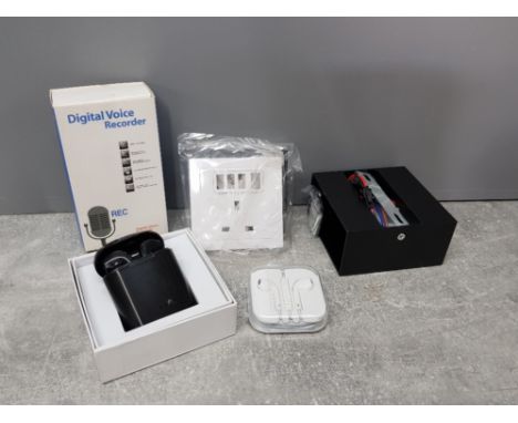 Collection of new tech gadgets, including; digital voice recorder, bluetooth earphones, USB socket, iPhone earphones etc.