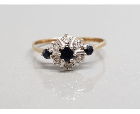 Ladies 9ct yellow gold sapphire and diamond cluster ring featuring 3 black sapphires and 6 round brilliant cut diamonds size 