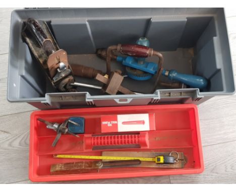 Tool box containing vintage tools, winder, footprint plane etc