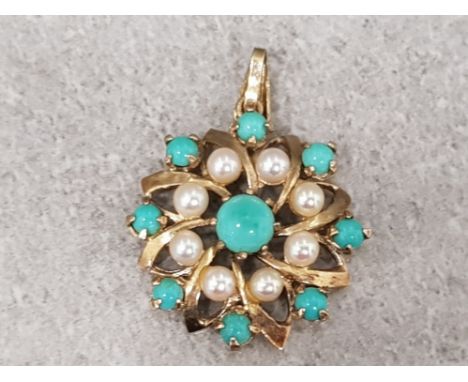 Ladies 9ct yellow gold turquoise + pearl cluster pendant, featuring a large turquoise stone in the centre surrounded by eight