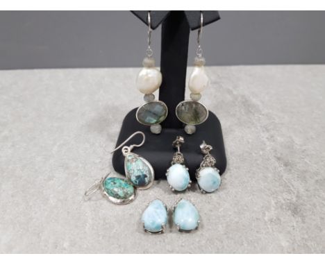 3x sterling silver earrings with various gemstones; pearl, labrodorite, larimar and turqouise + 2 larimar and sterling silver