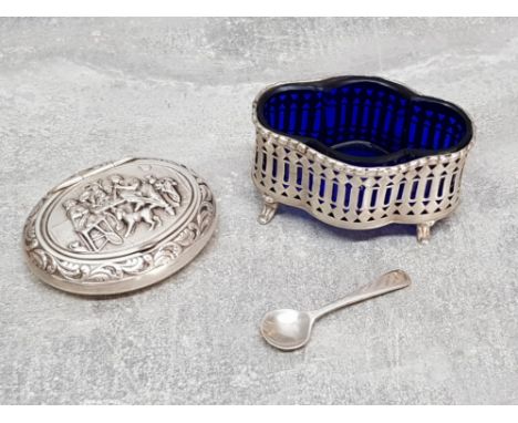 A silver salt with blue glass liner and a silver spoon, together with a silver plated snuff box.