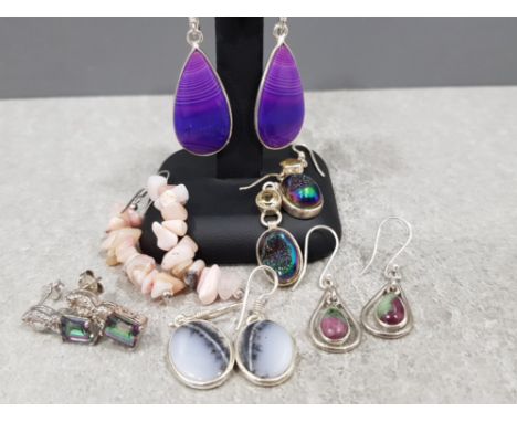 6x sterling silver earrings with various gemstones including; ruby in zoisite, moss agate, titanium aura quartz, pink opal, m