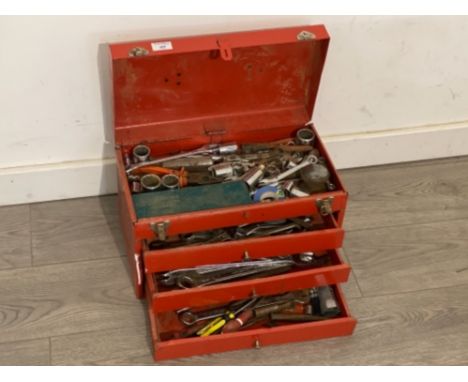 Red metal 3 drawer tool chest containing mixed hand tools, mainly spanner's etc
