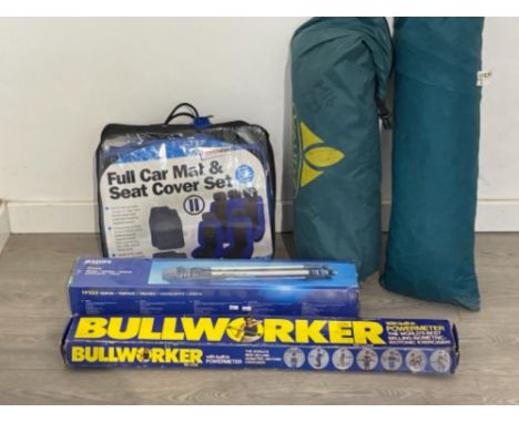 Car mat and seat covers, Bullworker in original box, tent and a camera tripod