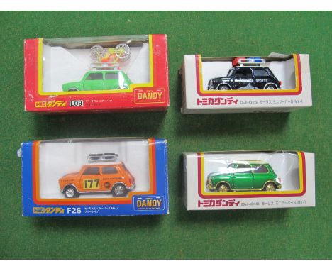 Four Tomica Dandy (Japan) 1:43rd Scale Diecast Model Mini's, including #LO9 'Green' with two bicycles on roof rack, 'Black' m