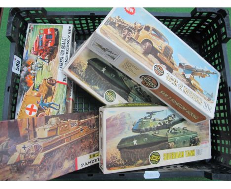 Six Airfix Plastic Model 'Military' Kits, all 'OO' Scale to include Panzer IV Tank, Crusader Tank, RAF Emergency set, SAM-2 M