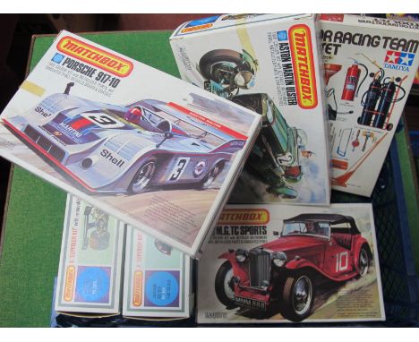 Five Matchbox 1:32 Scale Plastic Model Car Kits, to include PK-301 Aston Martin Ulster, PK305 Porsch 917, together with a Tam