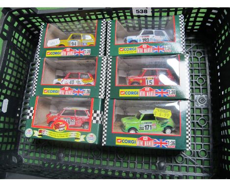 Six Corgi 1:36th Scale Diecast Model Mini's, All Mini Mania Editions, to include #04433  1998 Network Q RAC Rally - The Green